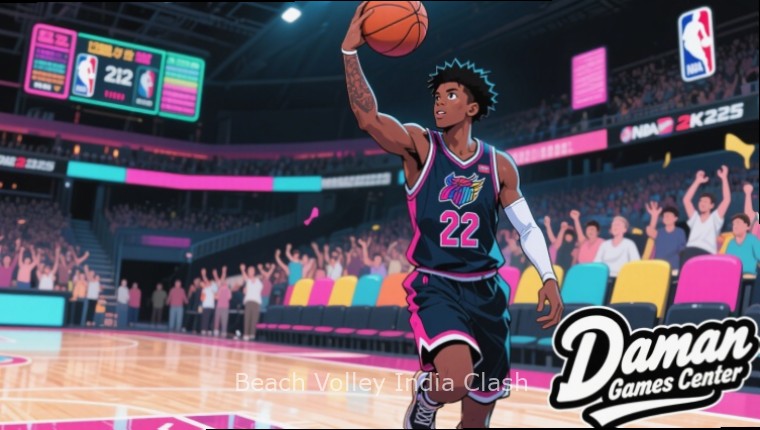 Beach Volley India Clash Gameplay Beach Volley India Clash gameplay showing Indian beach location with palm trees and traditional huts